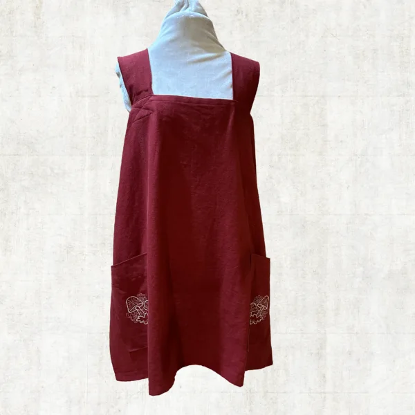 Red Crossback Apron with Mushroom Embroidered Pocket - Image 5